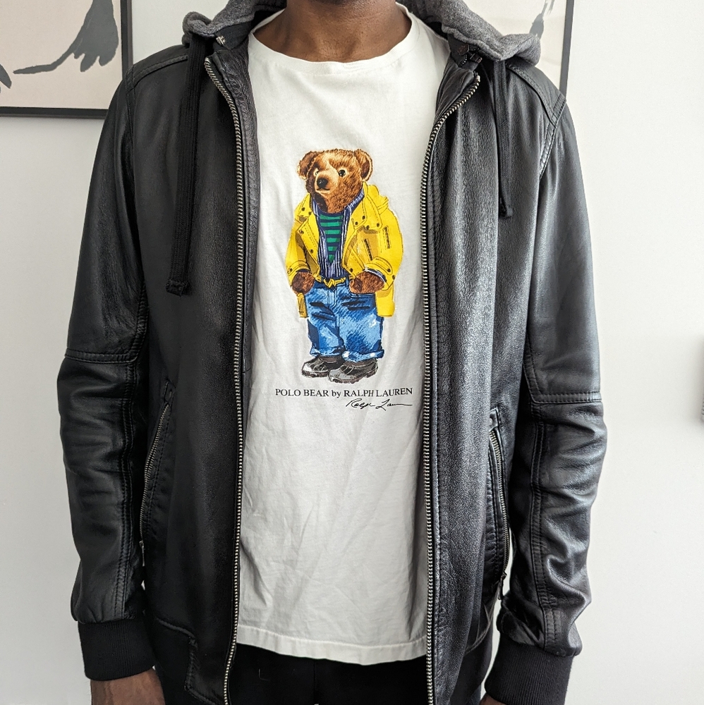 Leather jacket with a hood